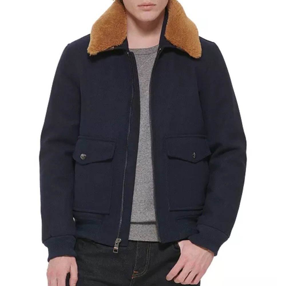 Tommy Hilfiger men's navy wool-blend bomber jacket with a faux-fur collar Large